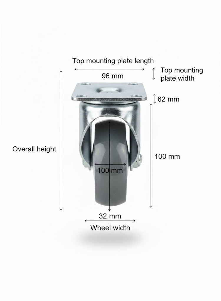 4-inch Polyurethane Swivel Caster With Medium Wheel And Brake, Universal Caster For Industrial Trolley , Pack of 4  2 With Brakes and 2 Without Brakes - Image 2